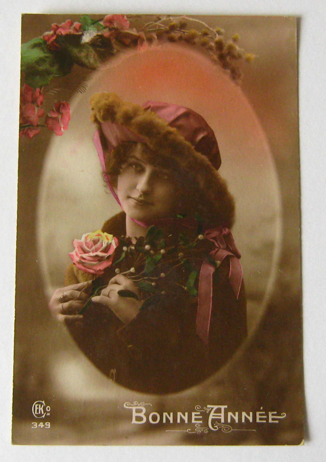 Image of 1921 Antique French Colour Postcard Bonne Annee Happy New Year Stylish Girl in Hat Holding Flower Lady Woman