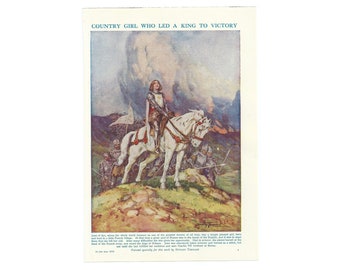 Joan Of Arc Vintage 1940's Colour Lithograph Print. Genuine Original Book Plate/Page. Lady On Horseback Painting. French Military Art Decor.