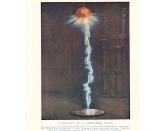 Lightning In A Laboratory Storm Vintage 1930's Colour Print. Science Experiment Art Artwork. Wall DCecor Gift. Genuine Original Book Plate.