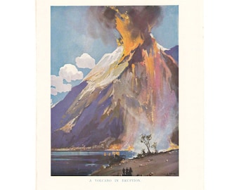 Volcano Erupting 1930's Print. Genuine Original Colour Book Plate. Volcanology Geology Related Gift Present. Unframed Wall Art Picture.