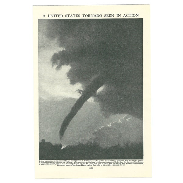 Vintage 1940s Tornado Print. Weather Meteorological Phenomenon Gift Present. Unframed Wall Art. Genuine Original Lithograph Book Page/Plate.