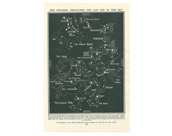 Constellations Vintage 1920's Lithograph Print. Astronomy Stars Sky Gift Present. Unframed Wall Decor Art Artwork. Christmas Birthday Idea.