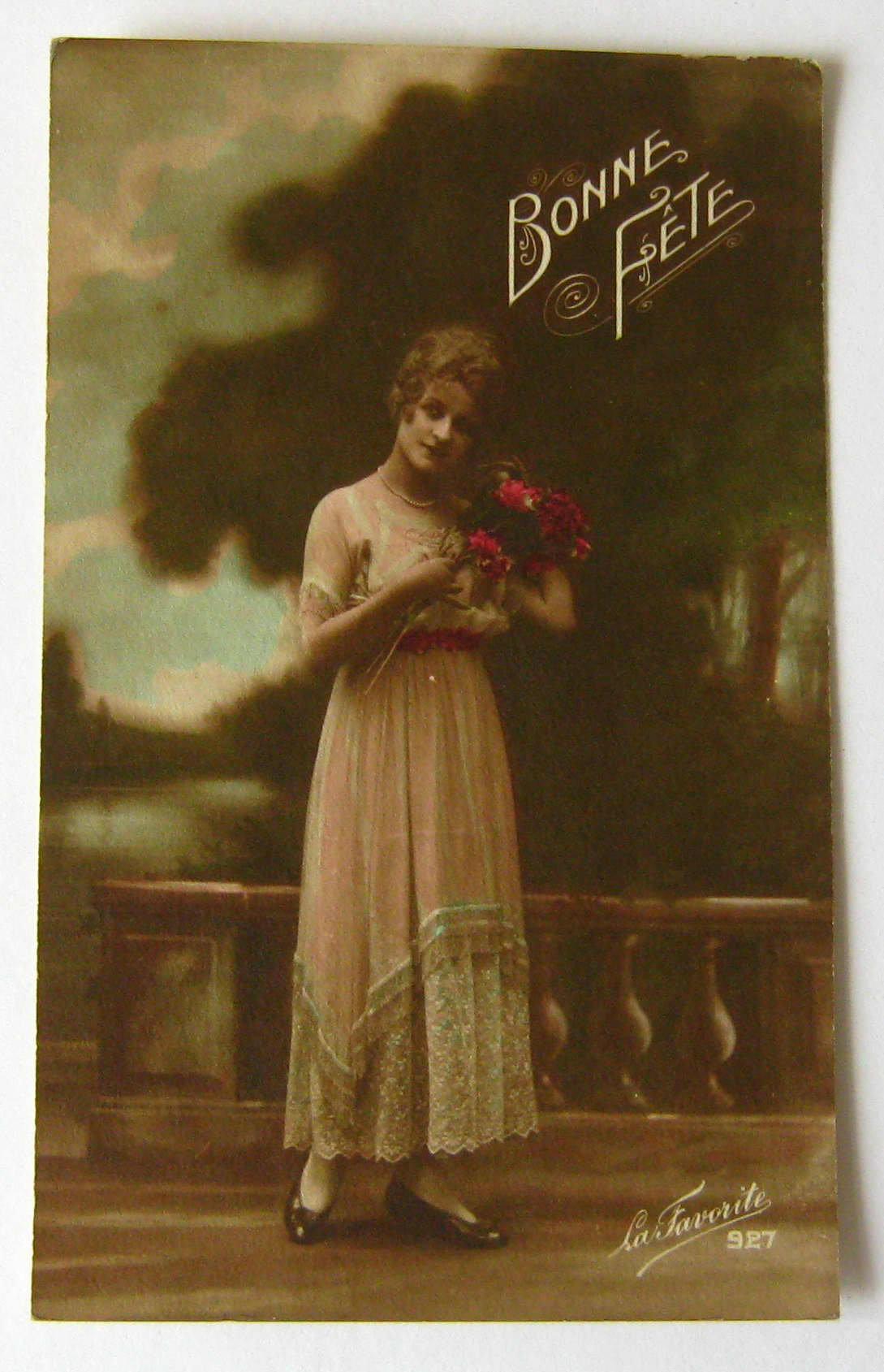 Image of 1920 Antique French Colour Postcard Lady in Dress Holding Flowers Bonne Fete Happy Birthday Color Vintage Post Card