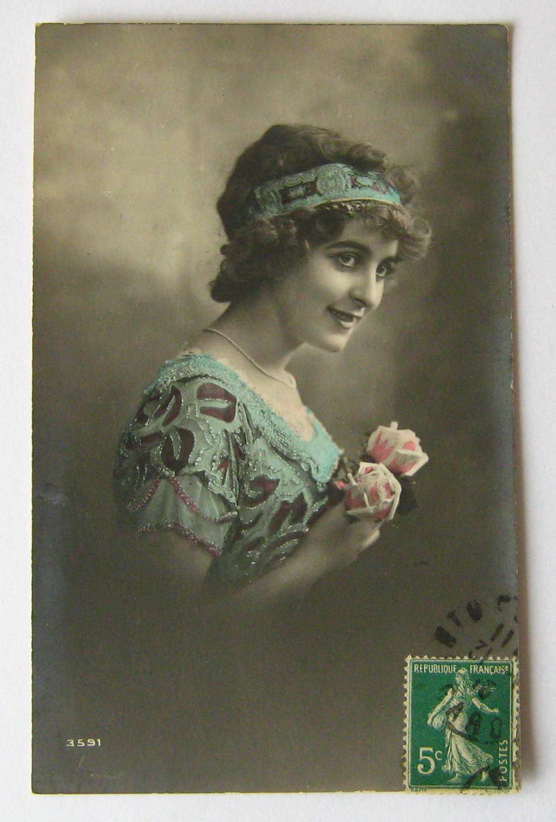 Image of 1911 Antique French Color Tinted Postcard Lady Holding Roses Real Photo Photograph Post Card Rppc France Colour Gift Present Vintage