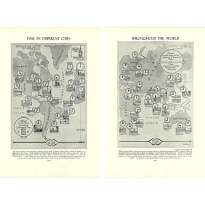 May include: Two vintage maps illustrating time zones around the world. One map shows "Time in Different Cities," and the other, "Throughout the World." Each map features clocks indicating time differences, with text and illustrations.