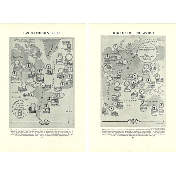 2 x Vintage 1950s Time Zones Prints. World Clocks Map. Unframed Wall Decor Art Artwork Gift. Genuine Original Lithograph Book Pages/Plates.