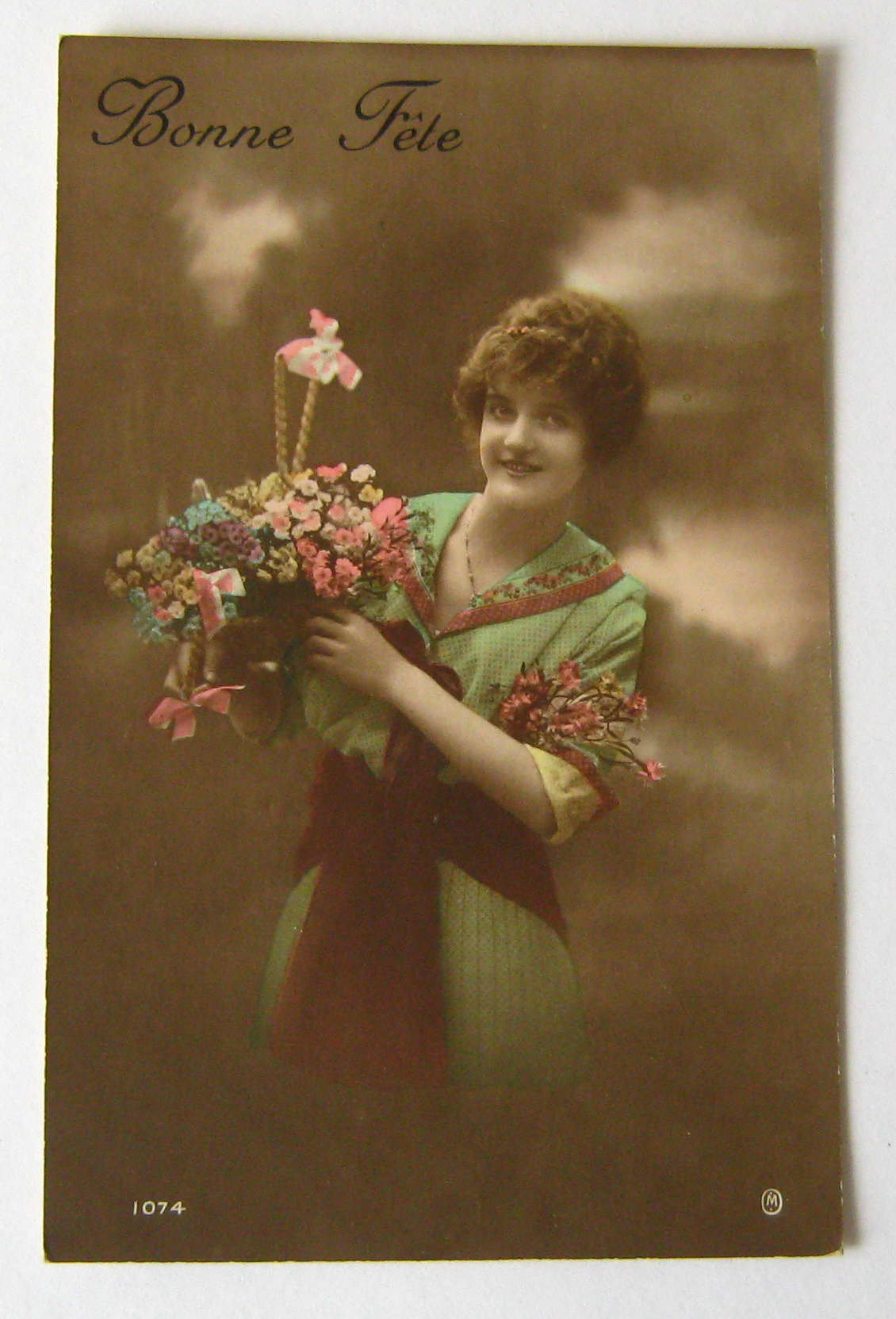 Image of 1916 Antique French Postcard Lady Holding Some Flowers Bonne Fete Happy Birthday Woman Female Vintage Gift Photo Photograph