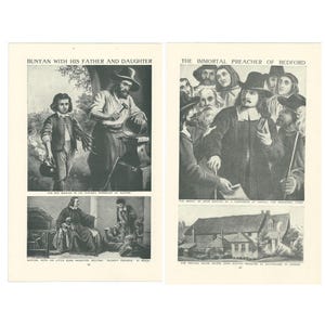 May include: Two-page spread of vintage illustrations. The left page features a depiction of "Bunyan with his Father and Daughter." The right page shows "The Immortal Preacher of Bedford." Both pages contain additional smaller illustrations and text.