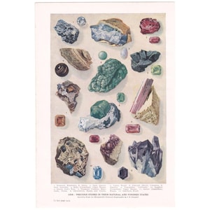 May include: An illustration of various precious stones in their natural and finished states. The image features a collection of colorful gemstones, including diamonds, emeralds, and sapphires, with a descriptive text at the bottom.