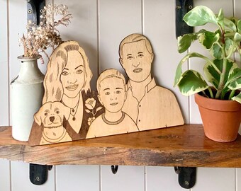 illustriertes Familienportrait, graviertes Familienportrait, Pärchenportrait, Holzportrait, ausgeschnittenes Portrait, lasergraviertes Portrait