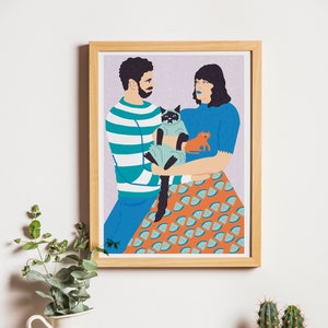 Hand-Drawn Custom Digital Portrait - Couple Portrait with Pets – Personalized Commissioned Drawing & Illustration