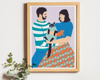 Handgezeichnetes individuelles Digitales Portrait - Paar Portrait mit Haustieren – Personalisierte Zeichnung & Illustration nach Auftrag