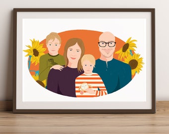 individuell illustriertes Familienportrait mit floralem Hintergrund, Geburtstagsgeschenk, Jubiläumsgeschenk, einzigartiges und lustiges Portrait