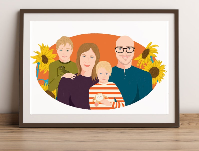 Custom illustrated family portrait with floral background | Etsy