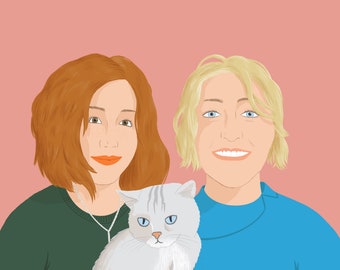 Family portrait with pets , unique custom family portrait, illustrated portrait commission, custom portrait, family gifts, digital portrait