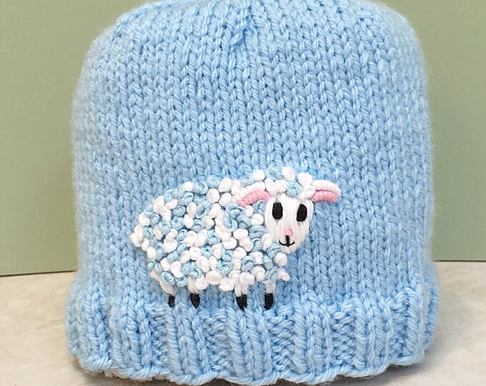 Newborn Baby Boy Blue Hat With Embroidered Lamb Custom Knit Etsy