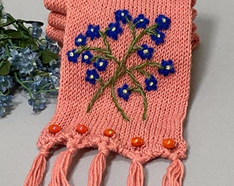 Forget Me Not Knit and Embroidered Scarf, Double Sided With Mohair Blend