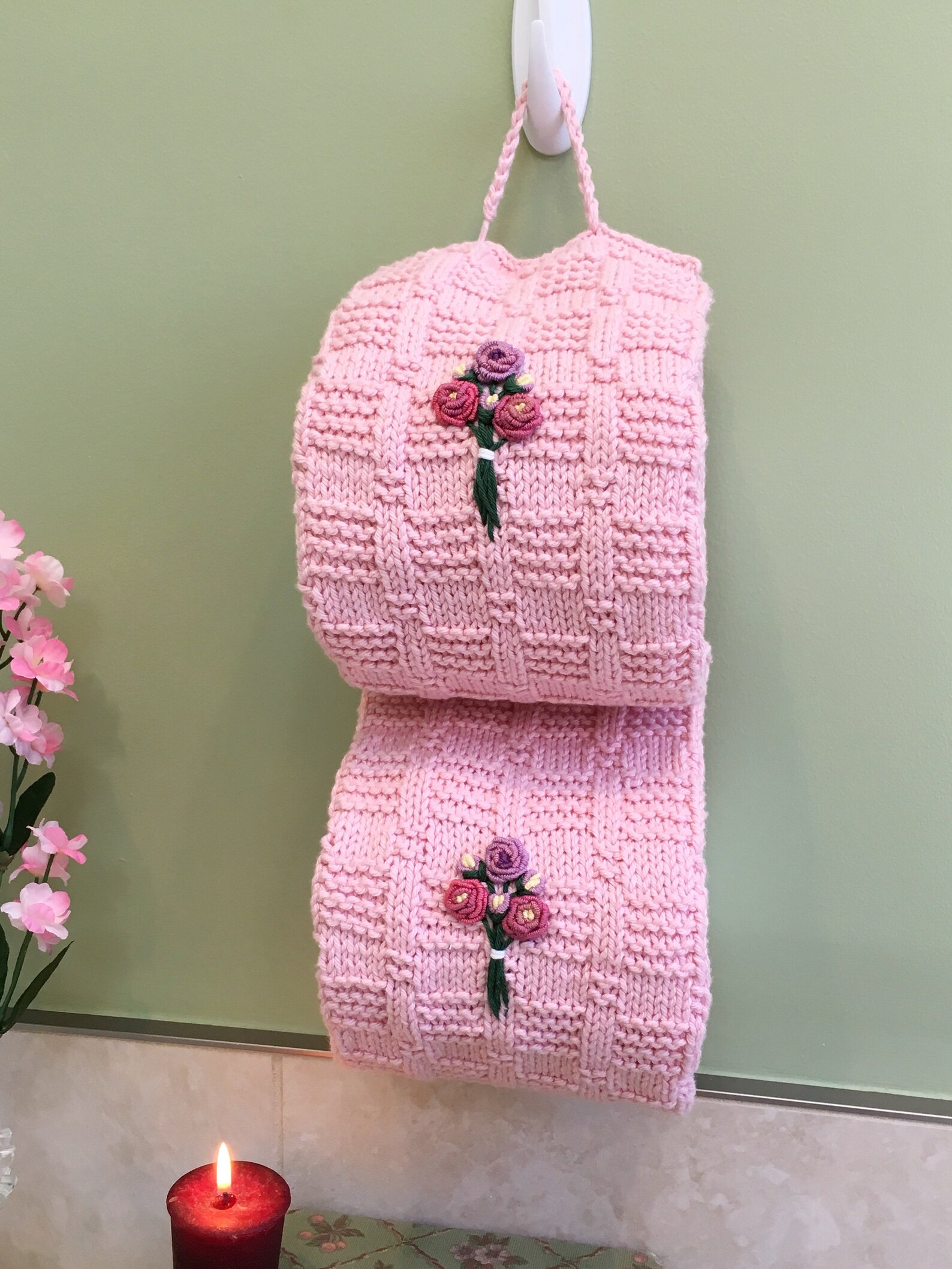 Toilet Paper Cover, Toilet Paper Storage, Pink Knit Crochet Toilet