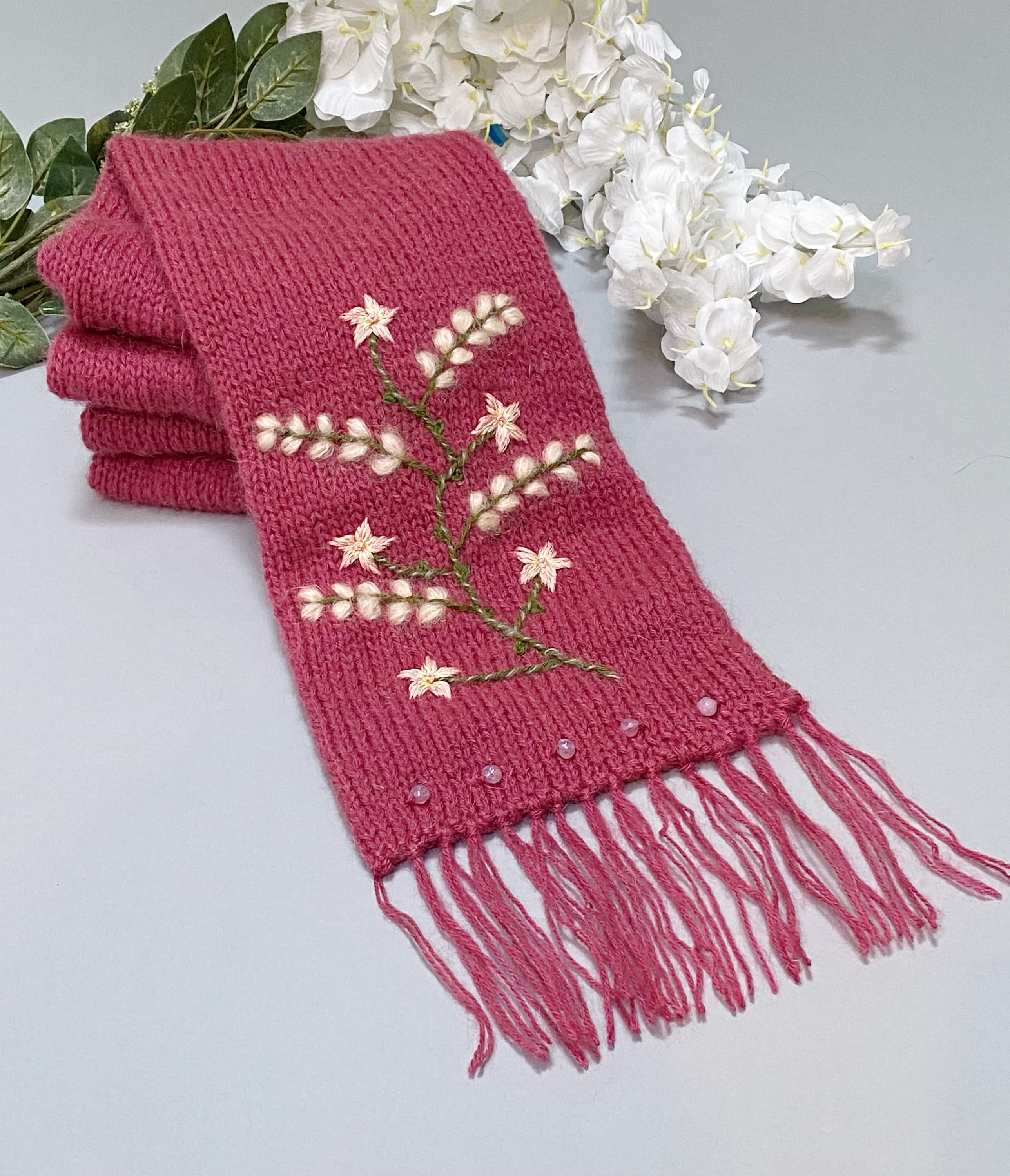 Woman's Knit Scarf With Embroidered Flowers, Mohair Scarf