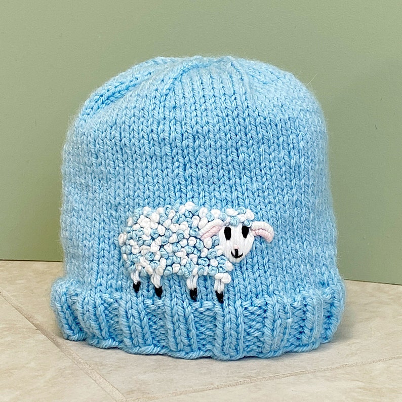 Newborn Baby Boy Blue Hat With Embroidered Lamb Custom Knit Etsy
