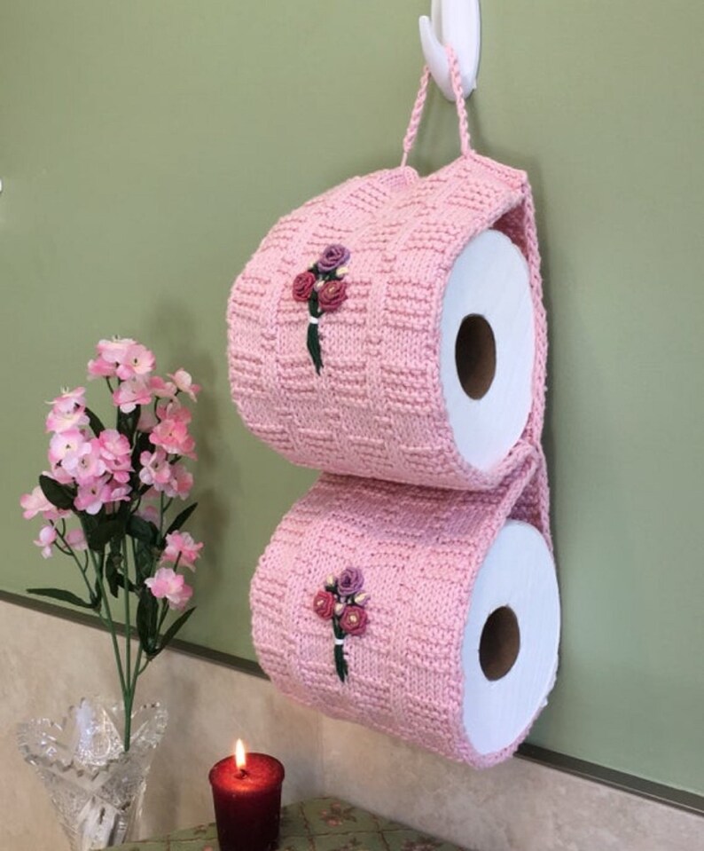 Toilet Paper Cover, Toilet Paper Storage, Pink Knit Crochet Toilet Paper Cozy With Embroidered