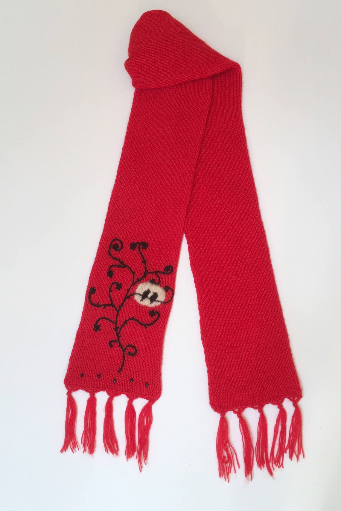 Women's Red Knit Scarf With Embroidered Vines and Etsy