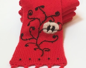 Women's Red Knit Scarf With Embroidered Vines and Lovebirds