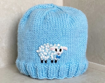 Large Baby Boy Blue Knit Hat with Embroidered Sheep, Newborn Winter Hat, 6 - 18 mos.