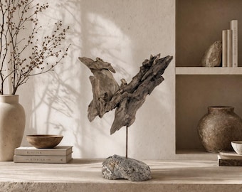 Drijfhoutsculptuur: natuurlijk houten tafelstuk, teruggewonnen kunst