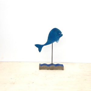 Blue Flying Fish Statue: Reclaimed Wood Coastal Decor