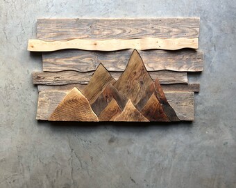 Wood mountain wall art, Handmade painting, Wall centerpiece, Geometric wood art, Wood centerpiece, Wood Wall art,  wall art, mountains