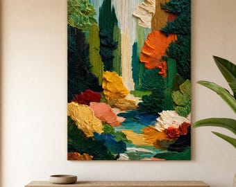 Peinture à l'huile texturée en 3D représentant une forêt, art mural abstrait avec cascade, toile paysagère à l'impasto épais, arbres peints au couteau à palette, décoration moderne inspirée de la nature
