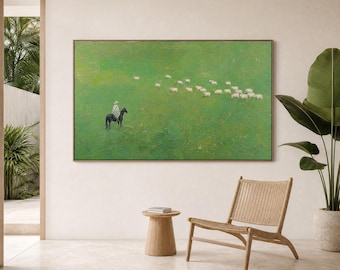 Pintura texturizada de pradera de ovejas, arte impresionista de paisaje verde sobre lienzo, decoración rústica de estilo campestre con empaste grueso, póster de pastor de caballos campestre