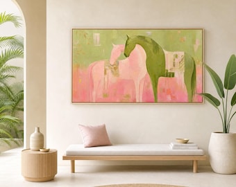 Thick Palette Knife Horse Art, Minimalist Sage Green Pink Canvas, Soft Luxury Equestrian Oil Painting, Modern Wabi Sabi Home Decor Poster