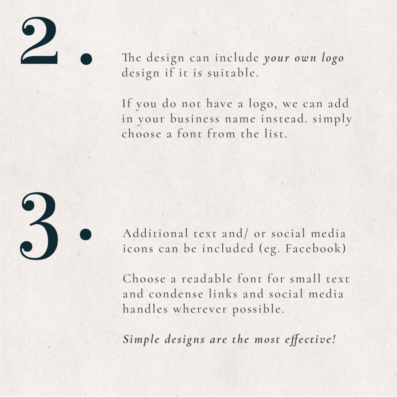 Puede incluir: Una hoja de consejos de dise&ntilde;o gr&aacute;fico con los n&uacute;meros 2 y 3, seguidos de vi&ntilde;etas y texto. El texto describe los elementos de dise&ntilde;o que se pueden incluir en un logotipo, como un nombre comercial o un logotipo. Tambi&eacute;n sugiere usar una fuente legible para texto peque&ntilde;o y condensar enlaces y identificadores de redes sociales.