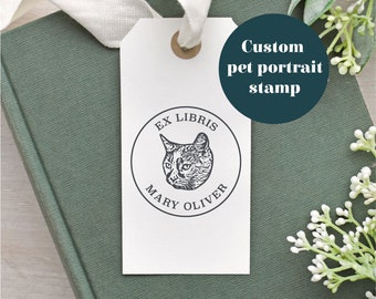 Custom Ex Libris Cat Portrait Book Rubber Stamp - Gift for Cat Lover