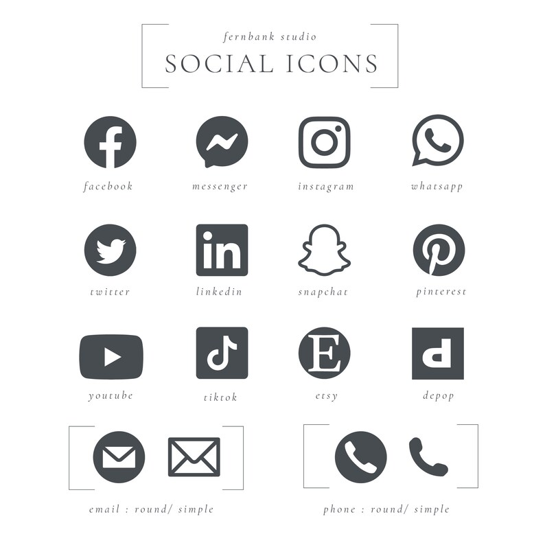 Puede incluir: Un gr&aacute;fico con iconos de redes sociales para Facebook, Messenger, Instagram, WhatsApp, Twitter, LinkedIn, Snapchat, Pinterest, YouTube, TikTok, Etsy, Depop, correo electr&oacute;nico y tel&eacute;fono. Los iconos son en blanco y negro y est&aacute;n dispuestos en una cuadr&iacute;cula.