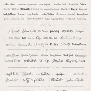 May include: A graphic design chart featuring a list of different fonts categorized by style, including simple, handwriting, script, script with optional flourishes, and uppercase only. The chart includes the font names and examples of each font.