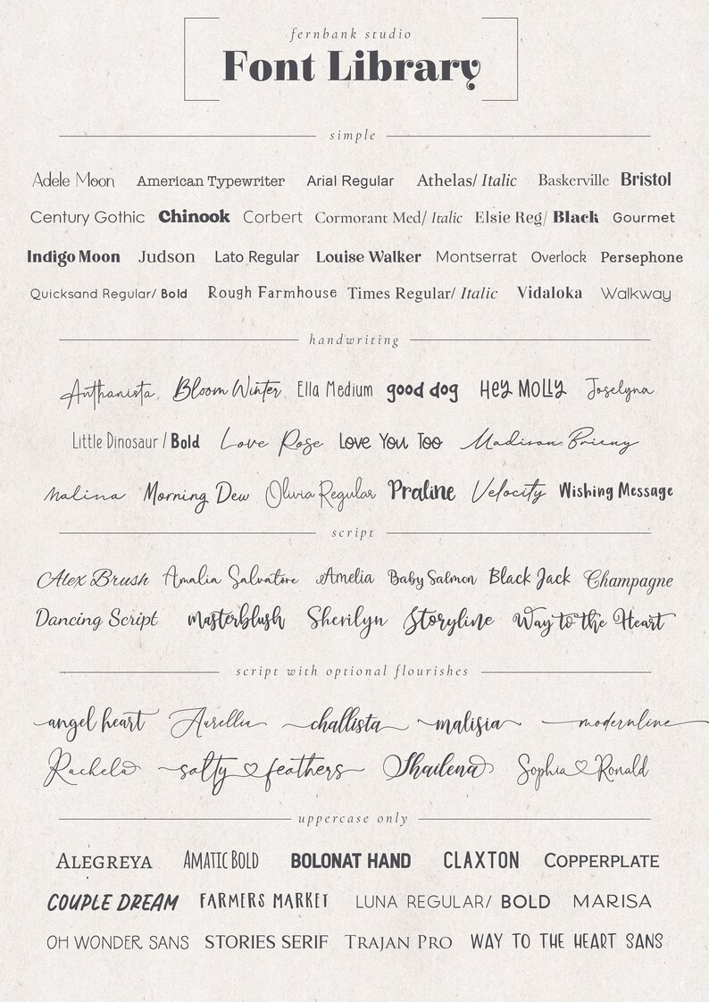 May include: A graphic design chart featuring a list of different fonts categorized by style, including simple, handwriting, script, script with optional flourishes, and uppercase only. The chart includes the font names and examples of each font.