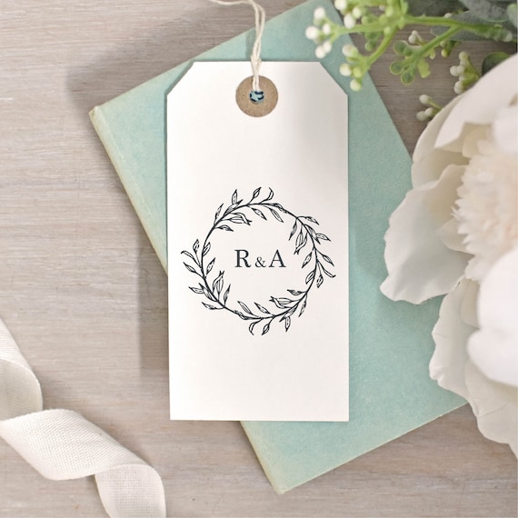 Botanical wreath wedding invitation stamp, Personalized stamp