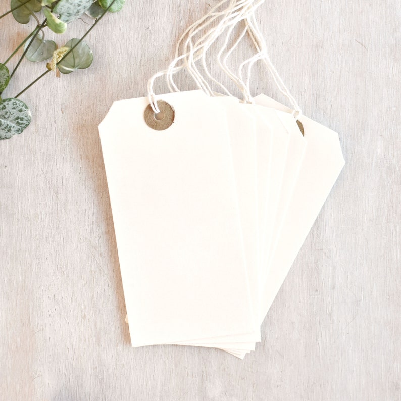 Puede incluir: Un conjunto de seis etiquetas de regalo blancas en blanco con cuerda atada. Las etiquetas tienen un ojal de metal redondo en la parte superior.