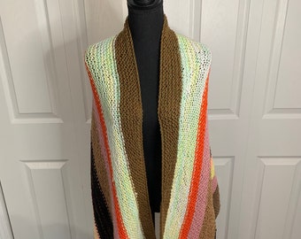 beautiful brown, orange variegated hand knit shawl