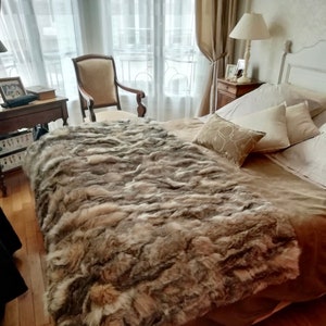 Real fox fur throw blanket in natural shades fur bedspread super fluffy fox fur bedding decorative rug. Fur warm deco.Luxury fur gift
