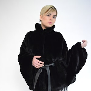 Real velvet mink fur cape, superior black mink fur stroller, fabulous poncho with leather belt, Nafa full skin fur. Luxury fur gift.
