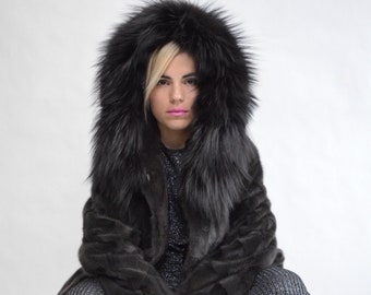 Real black fur mink fur coat with hooded fox trim. Genuine greyish fur jacket. Unique supple vison fur stroller .Luxury fur gift for women.