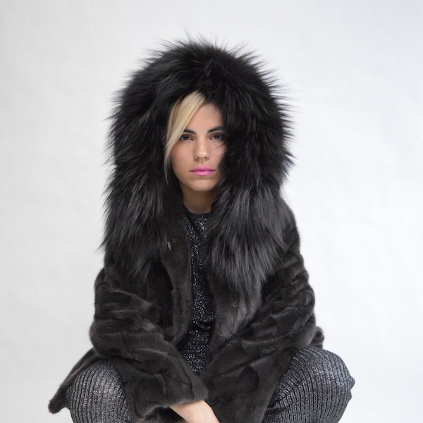 Real black fur mink fur coat with hooded fox trim. Genuine greyish fur jacket. Unique supple vison fur stroller .Luxury fur gift for women.
