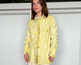 Lime suede leather distressed overshirt. Light genuinely leather: Handmade blazer with external pockets.