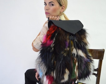 Real Fox Fur Leather Backpack: Handmade Rucksack Laptop Bag