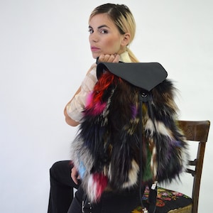 Real leather fox fur backpack, real fox fur school bag,leather rucksack, laptop bag, fox fur bag, portfolio shoulder bag, woman leather bag.