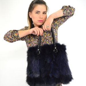 Real fox fur navy blue bag with rabbit fur and leather details. Genuine practical leather tote handbag, supportive shoulder bag, luxury gift